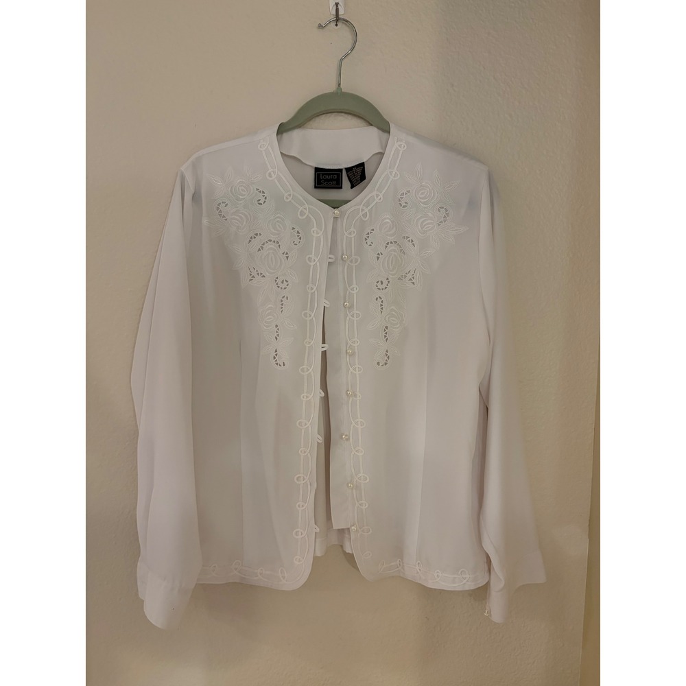 Laura Scott White Embroidered Floral Cut Out Pearl Button Blouse Top Size 18